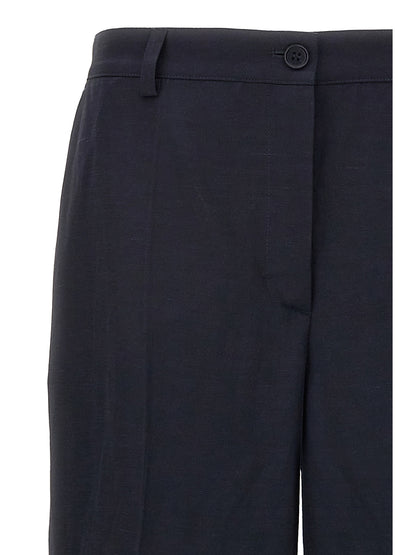 Trousers by P.A.R.O.S.H. for women in linen & viscose blue features an sartorial silhouette, showcasing a precise straight-leg and long with a sartorial for a refined look.
