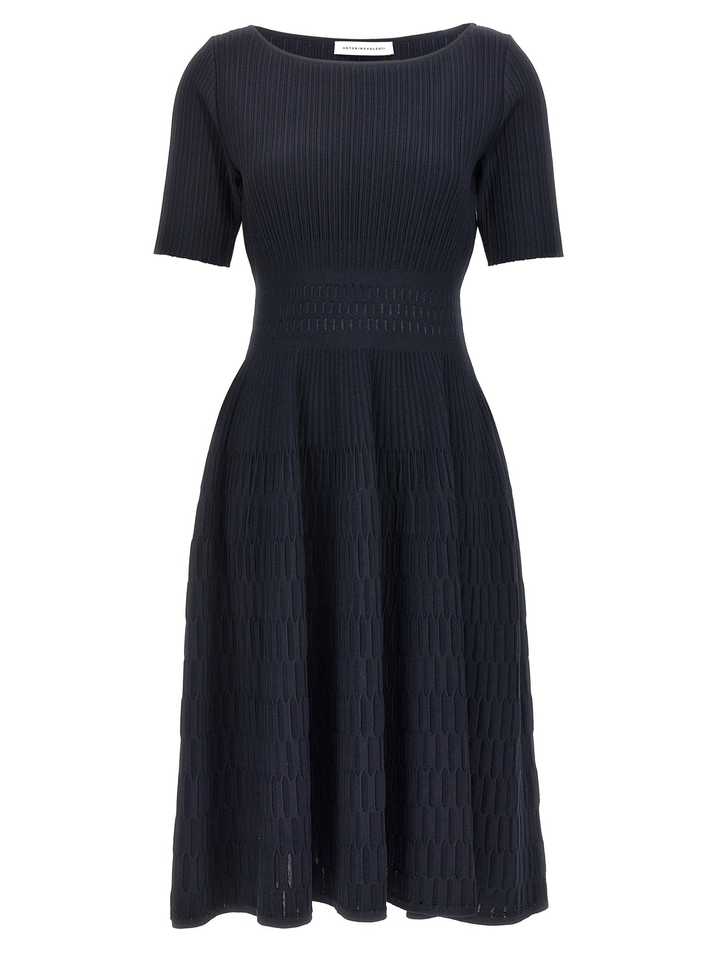 Dress by ANTONINO VALENTI for women in polyamide polyester viscose & cotton blue showcases a striking silhouette, elegantly detailed with a short-sleeve, refined round neckline, and a striking midi short for a striking finish.