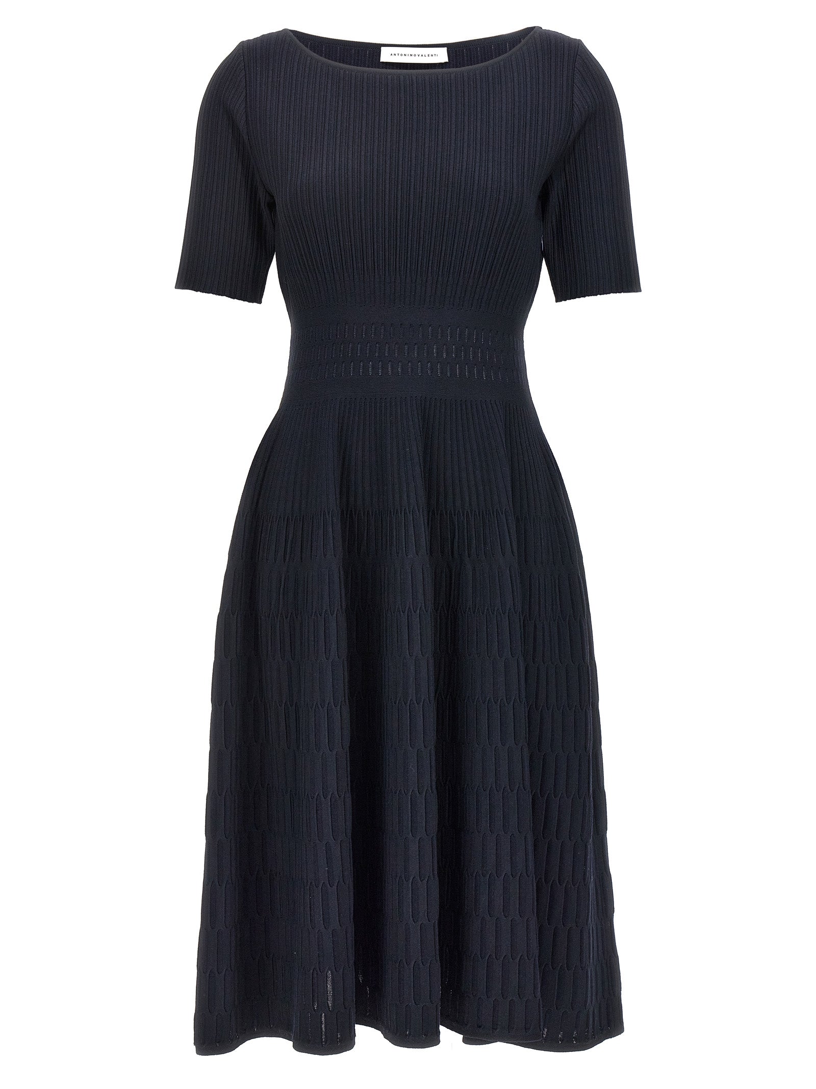 Dress by ANTONINO VALENTI for women in polyamide polyester viscose & cotton blue showcases a striking silhouette, elegantly detailed with a short-sleeve, refined round neckline, and a striking midi short for a striking finish.