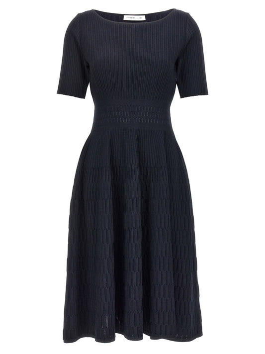 Dress by ANTONINO VALENTI for women in polyamide polyester viscose & cotton blue showcases a striking silhouette, elegantly detailed with a short-sleeve, refined round neckline, and a striking midi short for a striking finish.