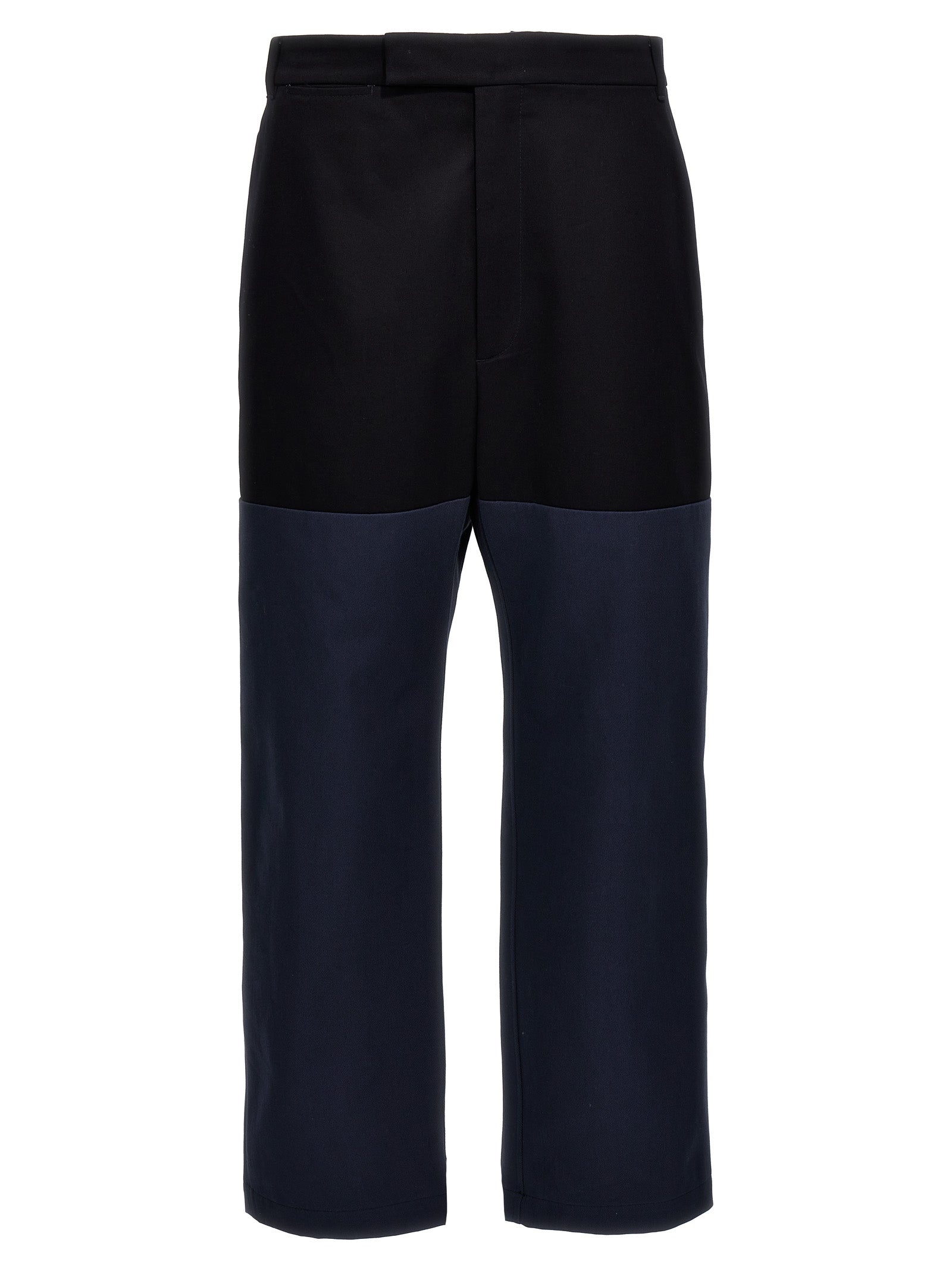 Casual Pants by Thom Browne for men in cotton blue & patchwork features a polished silhouette with a polished straight-leg, reaching a polished long and finished with a polished .