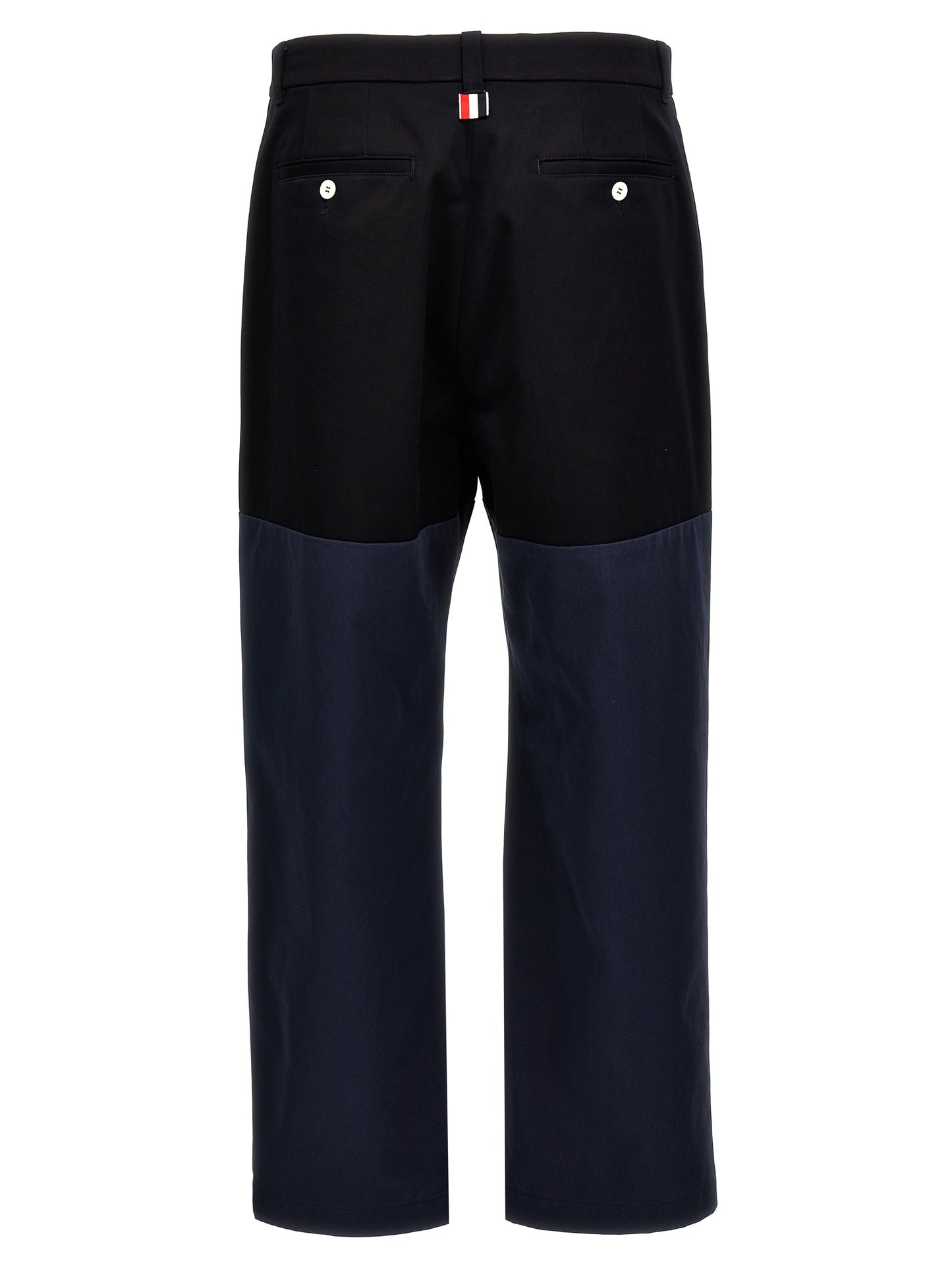 Casual Pants by Thom Browne for men in cotton blue & patchwork presents a tailored silhouette, showcasing a tailored straight-leg and long cut with a refined for a truly tailored aesthetic.