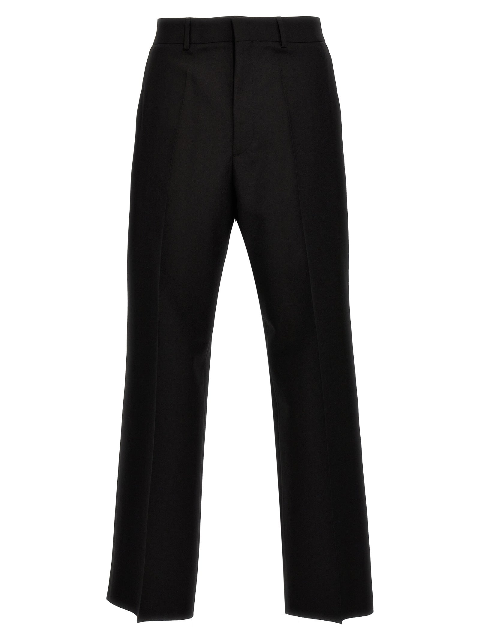 Trousers by Valentino Garavani for men in virgin wool black features a sculptural silhouette, showcasing a sculptural and long with a sophisticated for a sculptural finish.