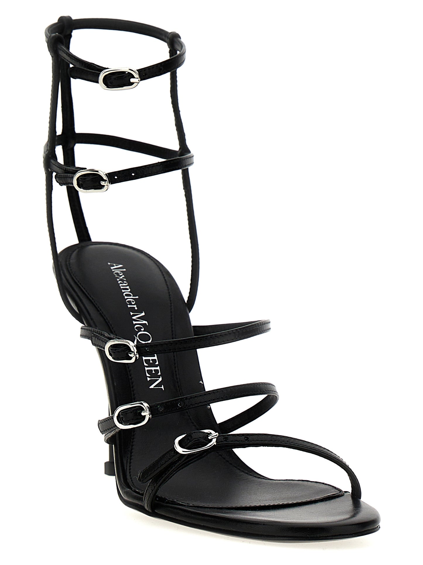 High-Heel Stiletto Sandals by Alexander McQueen for women in lambskin leather black features an effortlessly chic silhouette from the Women's Lambskin Leather High-Heel Stiletto Sandals collection, showcasing a effortlessly chic stiletto high-heel and elegant .