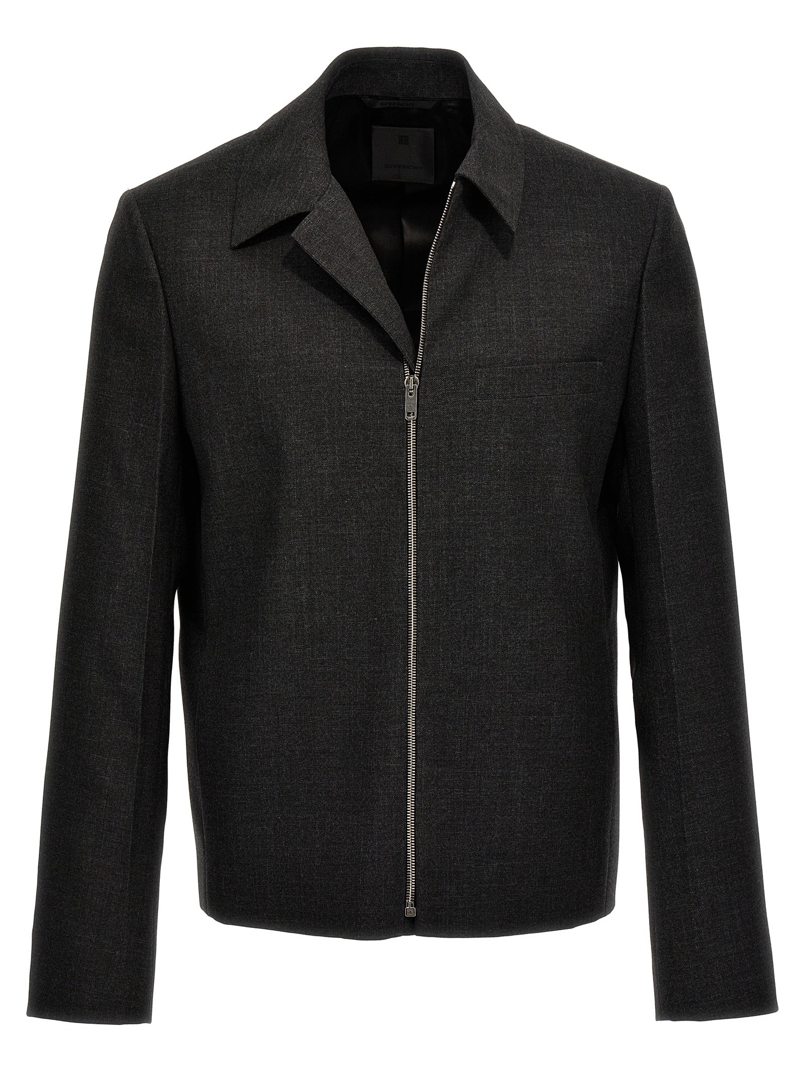 Jacket by Givenchy for men in virgin wool gray features an utilitarian silhouette with a refined shirt-collar neckline, showcasing sophisticated for an utilitarian aesthetic.