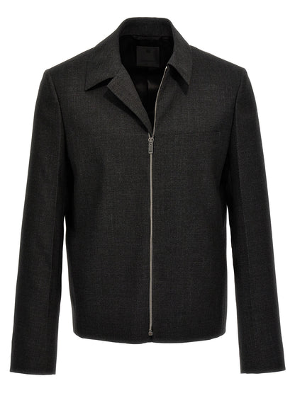 Jacket by Givenchy for men in virgin wool gray features an utilitarian silhouette with a refined shirt-collar neckline, showcasing sophisticated for an utilitarian aesthetic.