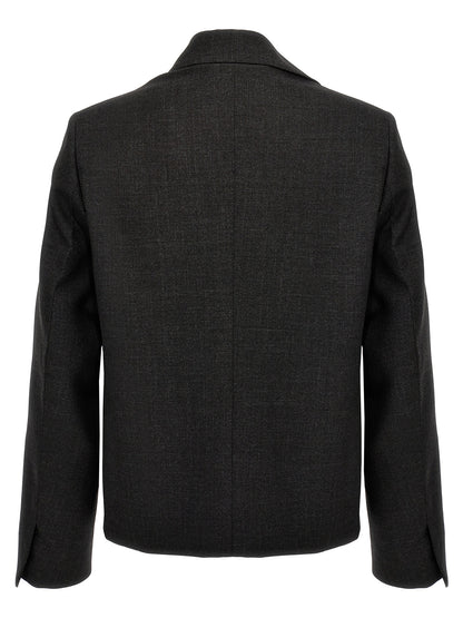 Jacket by Givenchy for men in virgin wool gray showcases a enveloping silhouette, artfully detailed with a enveloping shirt-collar neckline and premium for a truly enveloping finish.