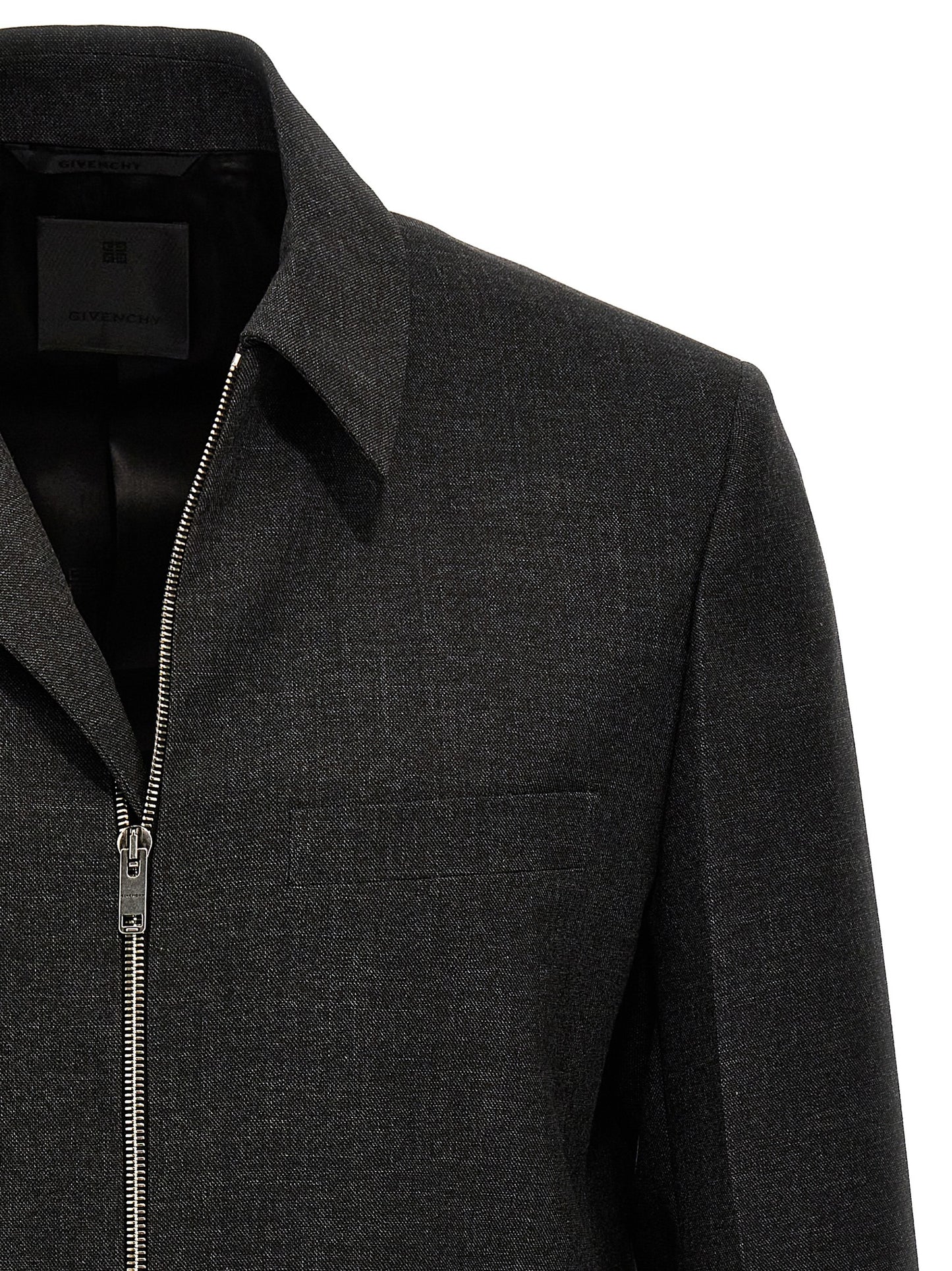 Jacket by Givenchy for men in virgin wool gray showcases a contemporary silhouette, detailed with a contemporary shirt-collar neckline and premium for a sophisticated finish.