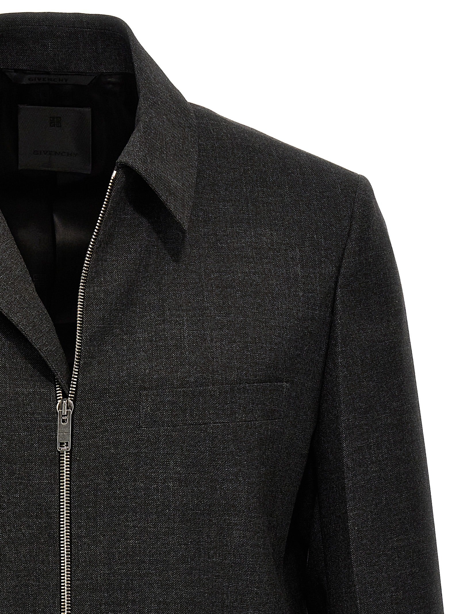 Jacket by Givenchy for men in virgin wool gray showcases a contemporary silhouette, detailed with a contemporary shirt-collar neckline and premium for a sophisticated finish.