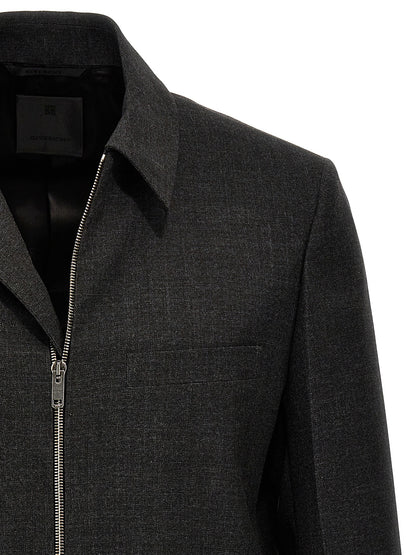 Jacket by Givenchy for men in virgin wool gray showcases a contemporary silhouette, detailed with a contemporary shirt-collar neckline and premium for a sophisticated finish.