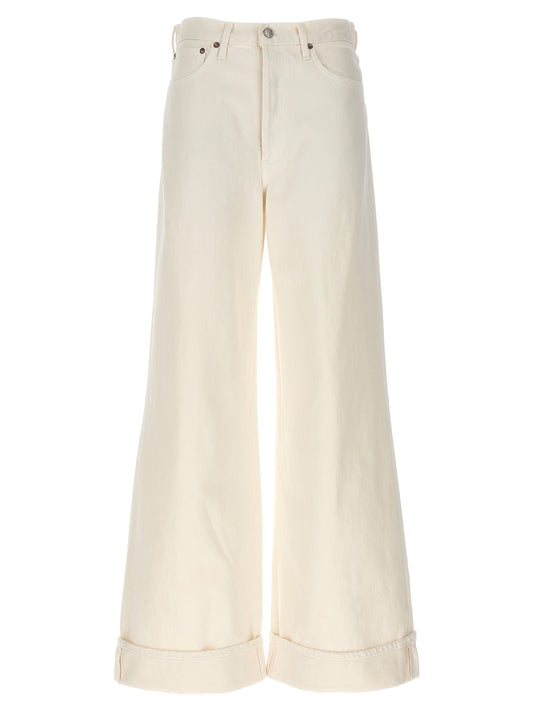 Jeans by Agolde for women in denim cotton white features a polished silhouette with a polished wide, reaching a polished long and finished with a polished high rise.