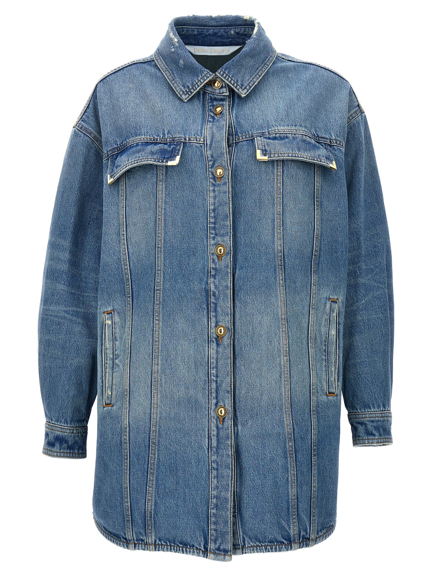 Trucker Jacket by Palm Angels for women in denim cotton light-blue features a dramatic silhouette, showcasing a sophisticated and distinctive pockets for a dramatic aesthetic.