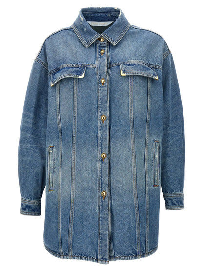 Trucker Jacket by Palm Angels for women in denim cotton light-blue features a dramatic silhouette, showcasing a sophisticated and distinctive pockets for a dramatic aesthetic.