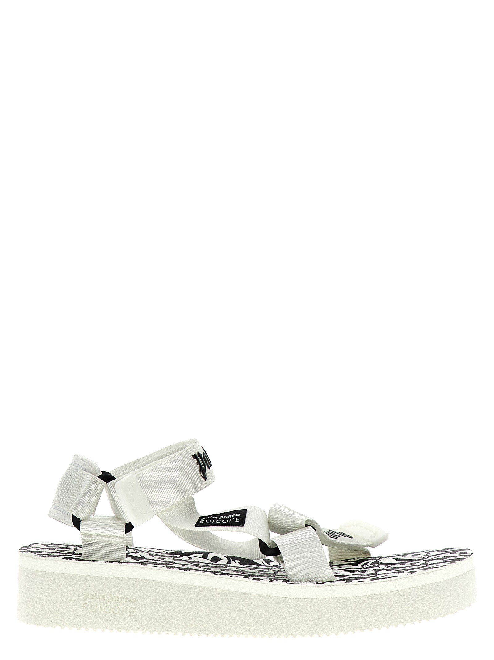 Flat Sandals by Palm Angels for women in polyester & rubber bicolour, black, white & print presents a sculptural silhouette, showcasing the City Women's Polyester & Rubber Flat Sandals design with a sculptural flat and for a premium look.