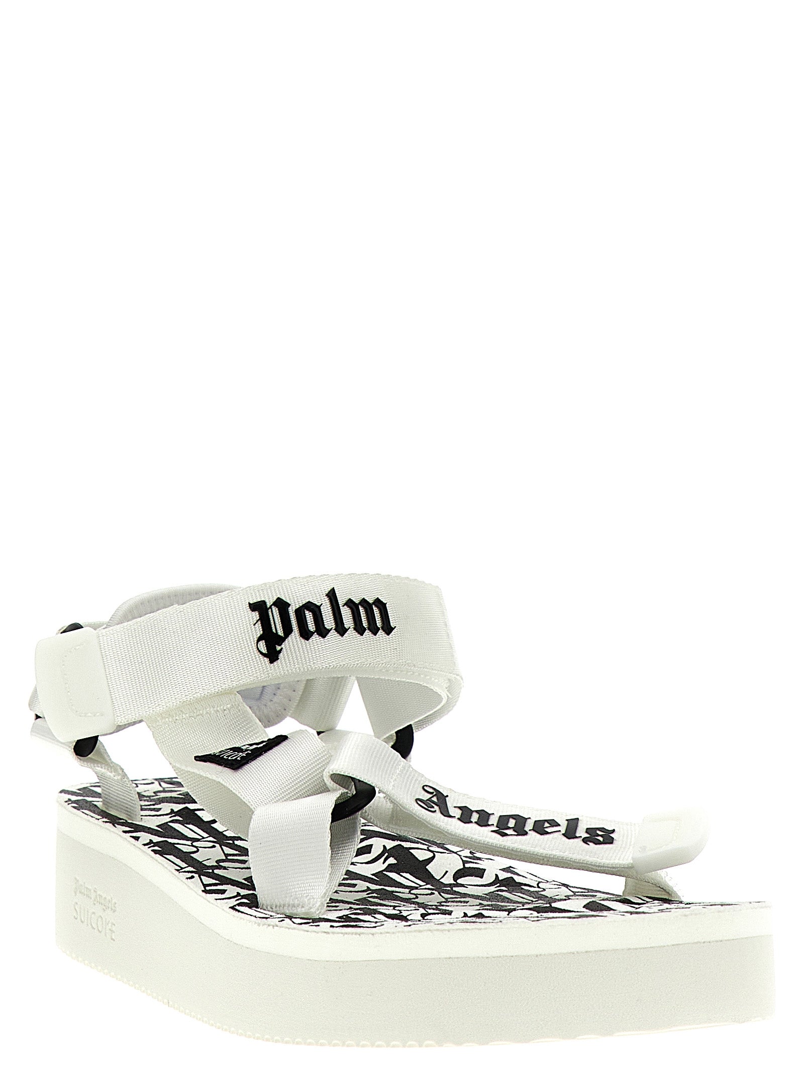 Flat Sandals by Palm Angels for women in polyester & rubber and bicolour, black, white & print presents a captivating silhouette, showcasing the signature style of the City Women's Polyester & Rubber Flat Sandals with a captivating flat and captivating .