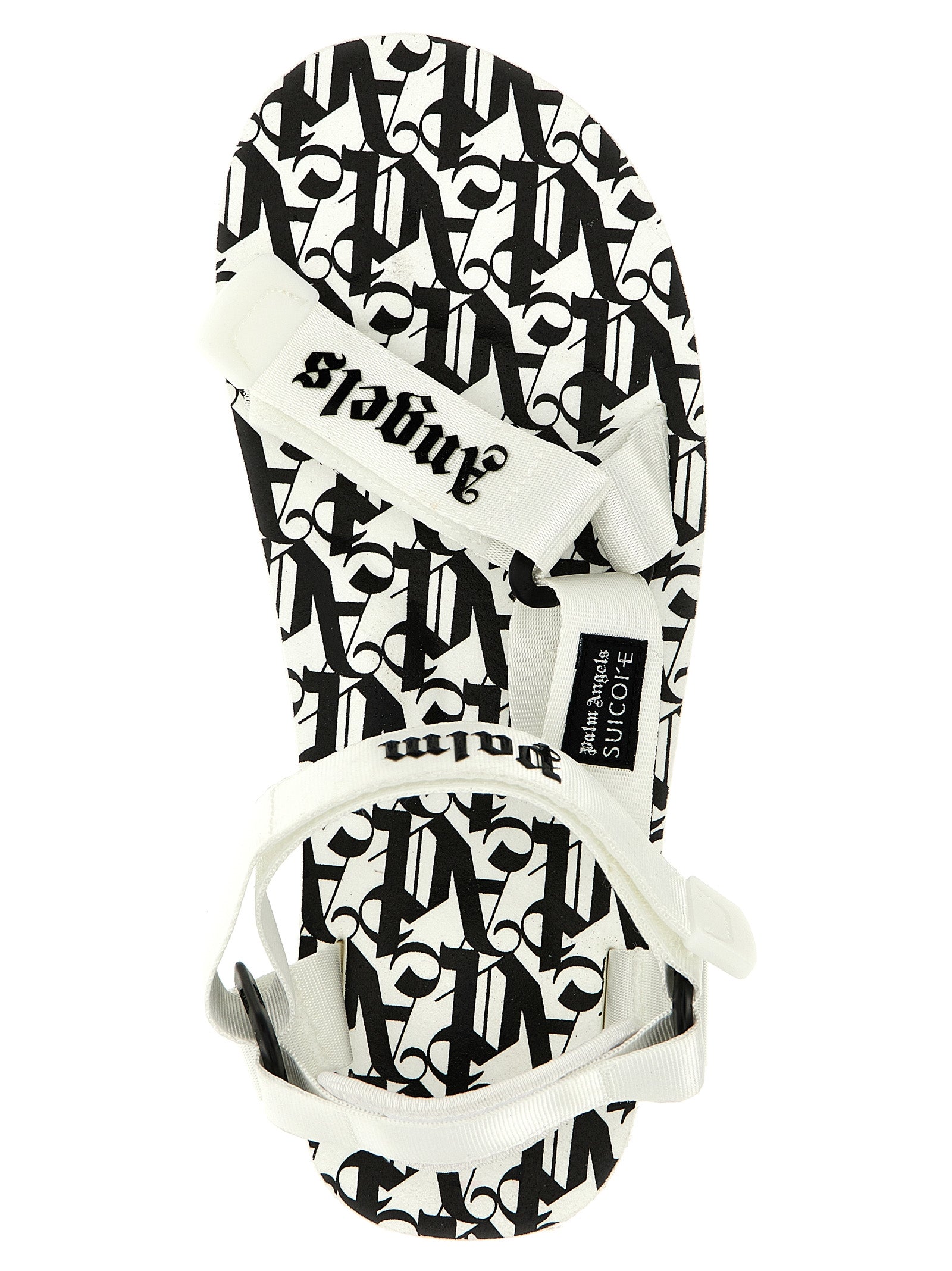 Flat Sandals by Palm Angels for women in polyester & rubber bicolour, black, white & print showcases a sculptural silhouette as City Women's Polyester & Rubber Flat Sandals, defined by a sculptural flat and sculptural for a sculptural look.