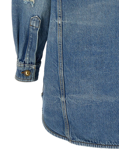This Trucker Jacket by Palm Angels for women in denim cotton light-blue exhibits a edgy silhouette, meticulously detailed with functional pockets and a edgy for a edgy finish.