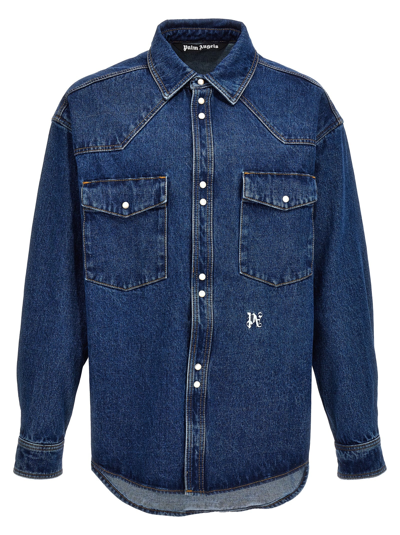 Trucker Jacket by Palm Angels for men in denim cotton blue & monogram features an on trend silhouette, showcasing refined and a sophisticated for a truly on trend finish.