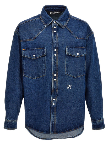Trucker Jacket by Palm Angels for men in denim cotton blue & monogram features an on trend silhouette, showcasing refined and a sophisticated for a truly on trend finish.