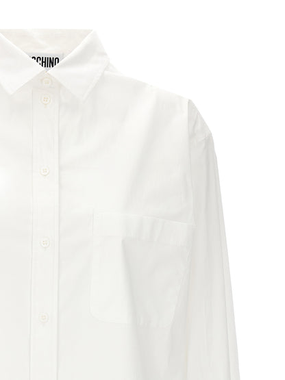 Blouse by Moschino for women in stretch cotton white showcases a sharp silhouette, elegantly detailed with a sharp and sharp .