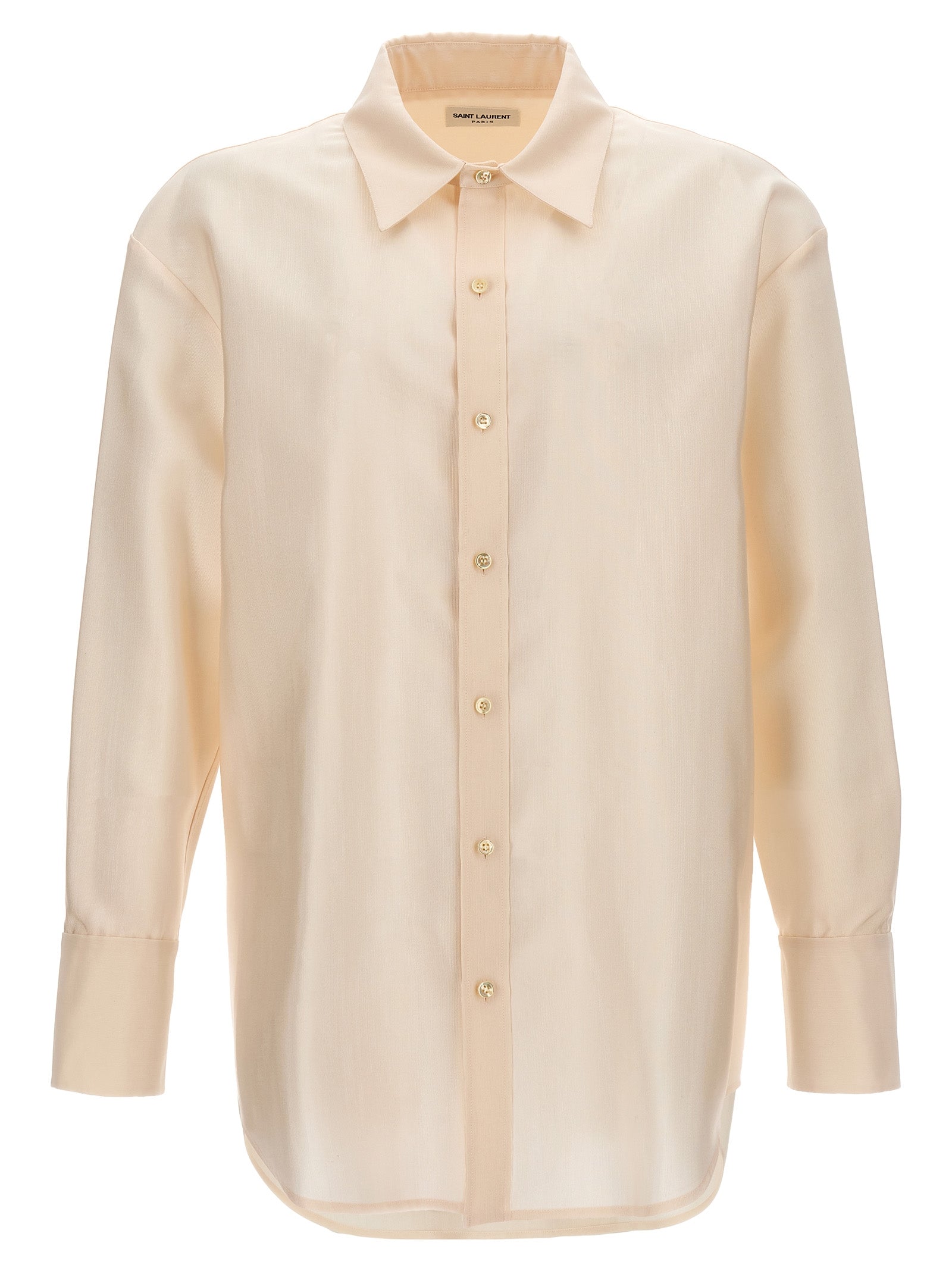 Shirt by Saint Laurent for men in wool & acetate beige presents a discerning silhouette, showcasing a sophisticated and for a truly discerning finish.