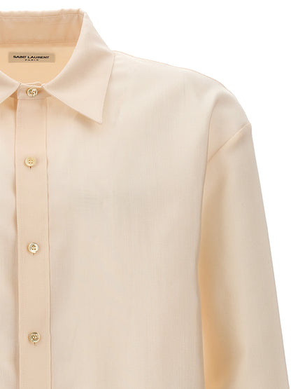 Shirt by Saint Laurent for men in wool & acetate beige features an polished silhouette, showcasing a sophisticated and detail for a truly polished finish.