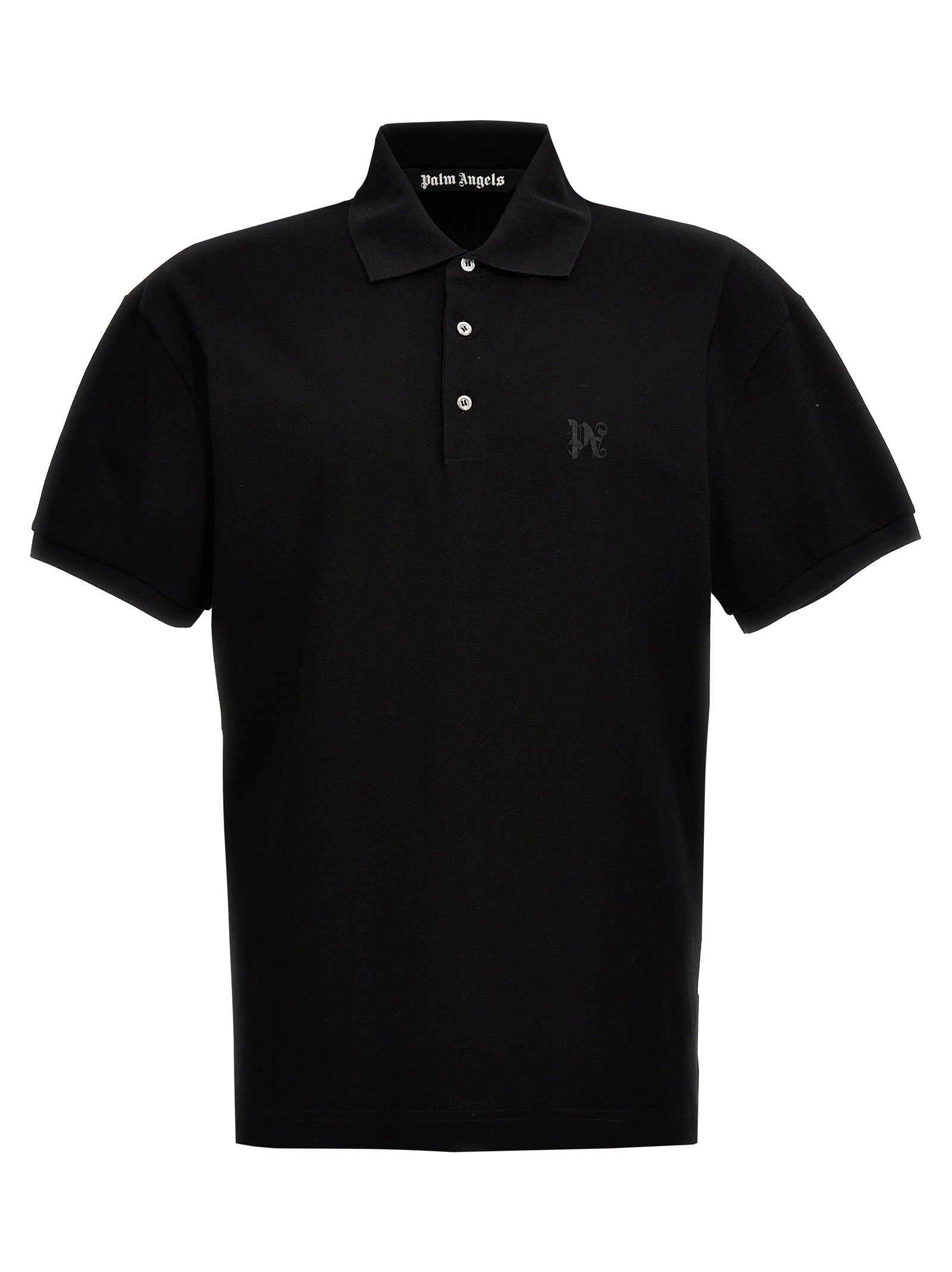 Polo Shirt by Palm Angels for men in cotton polyester black & monogram showcases a sharp silhouette, detailed with a refined and sharp short-sleeve for a sophisticated finish.