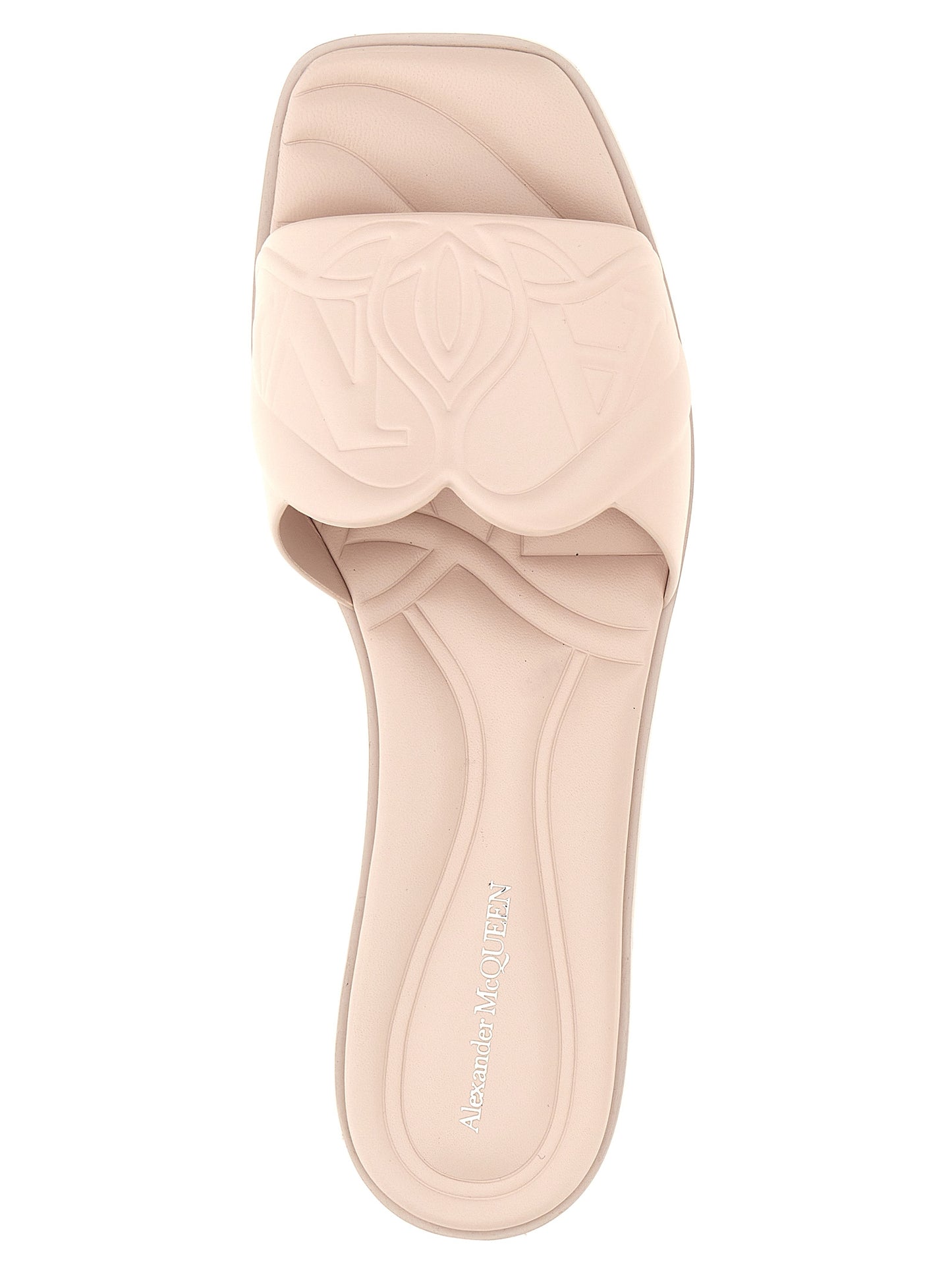 Sliders Sandals Flat Shoes by Alexander McQueen for women in calfskin leather multicolor & pink features an statuesque silhouette from the Aren Women's Calfskin Leather Sliders Sandals Flat Shoes collection, showcasing a and a statuesque for a statuesque look.