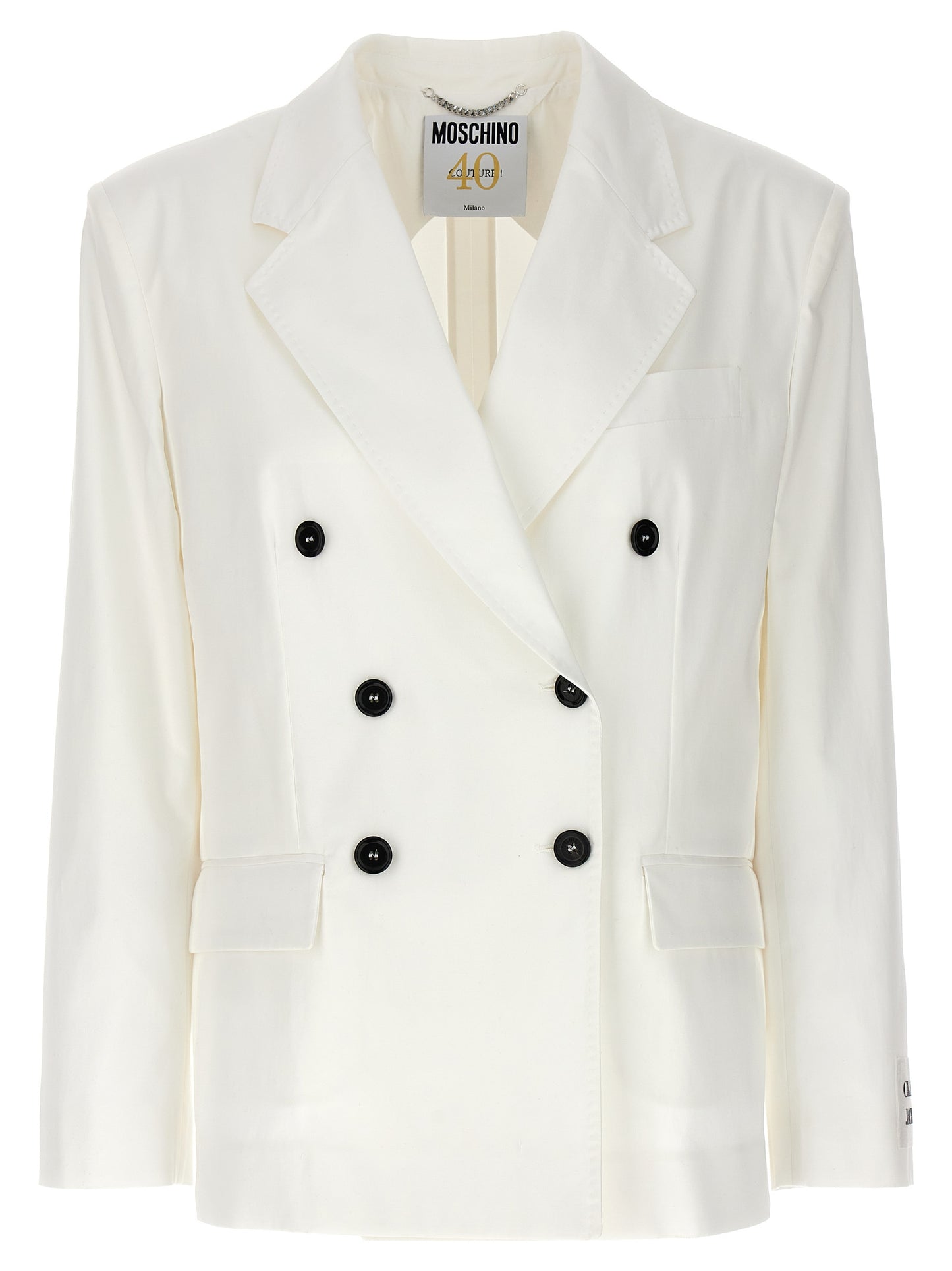 Blazer by Moschino for women in stretch cotton white features an stylish silhouette, showcasing a sophisticated and stylish for a truly stylish finish.