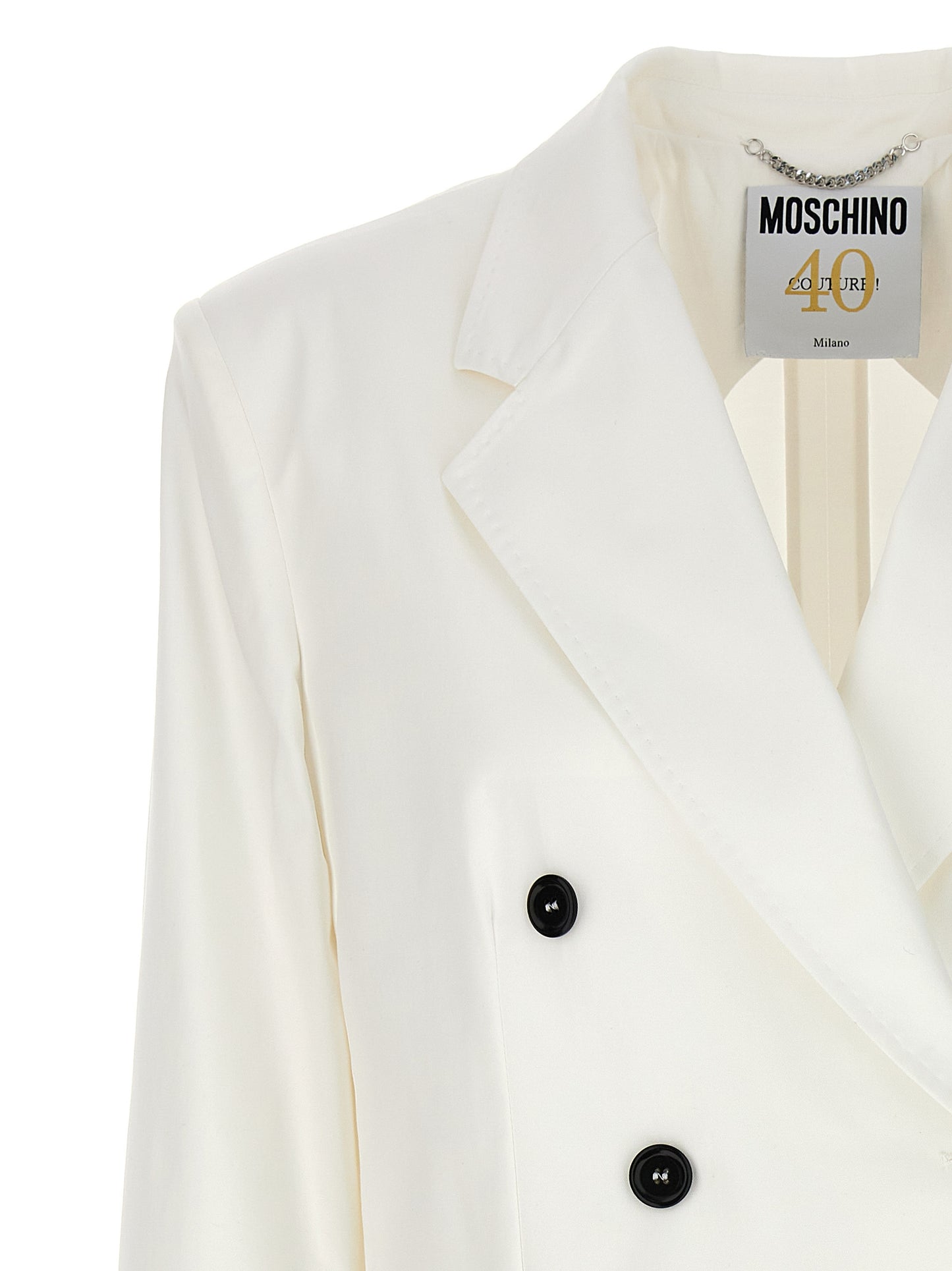 Blazer by Moschino for women in stretch cotton white features an sartorial silhouette, showcasing a sophisticated and sartorial for a truly sartorial finish.
