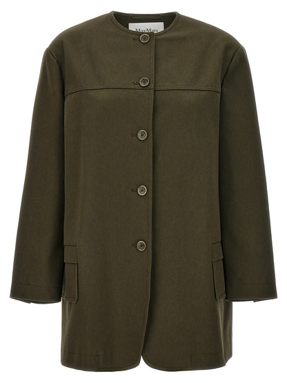 Overcoat by Max Mara for women in cotton bicolour & green features a cosy chic silhouette, artfully detailed with a sophisticated crew neckline and premium pockets for a cosy chic finish.