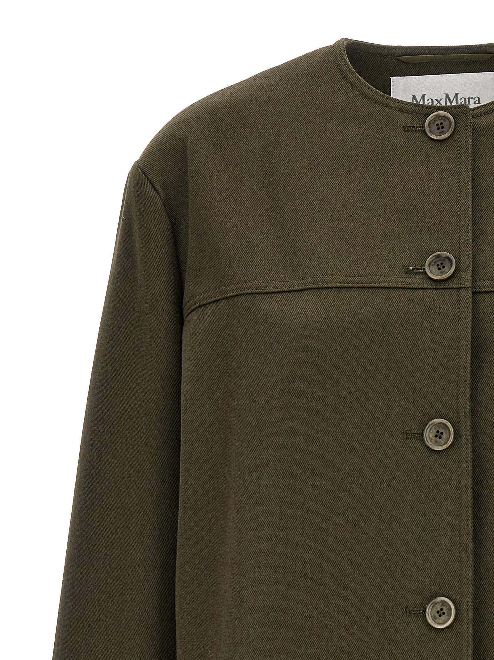Overcoat by Max Mara for women in cotton bicolour & green features an satoral silhouette, showcasing a sophisticated crew neckline and satoral pockets for a premium, timeless look.
