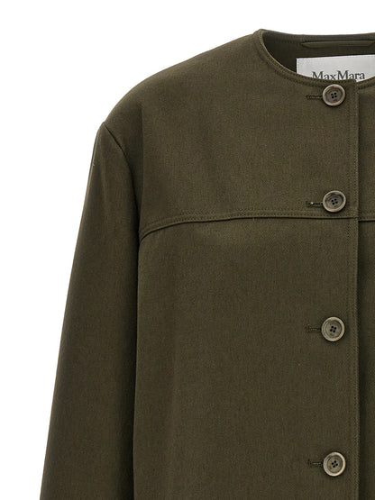 Overcoat by Max Mara for women in cotton bicolour & green features an satoral silhouette, showcasing a sophisticated crew neckline and satoral pockets for a premium, timeless look.