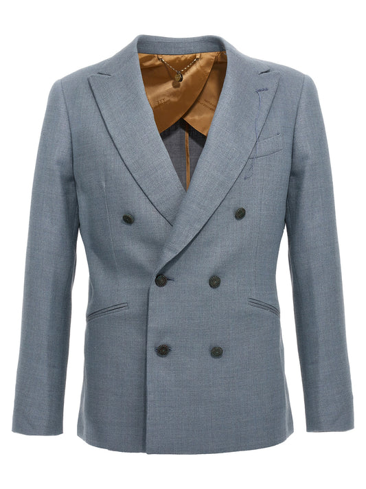 Blazer by MAURIZIO MIRI for men in nylon silk & wool light-blue features an crisp silhouette with sophisticated and a crisp for a truly crisp finish.