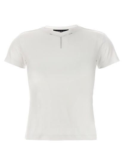 T-Shirt by Y/PROJECT for women in stretch viscose white showcases a unassuming silhouette, artfully detailed with a refined crew neckline and unassuming short-sleeve for a sophisticated, contemporary look.