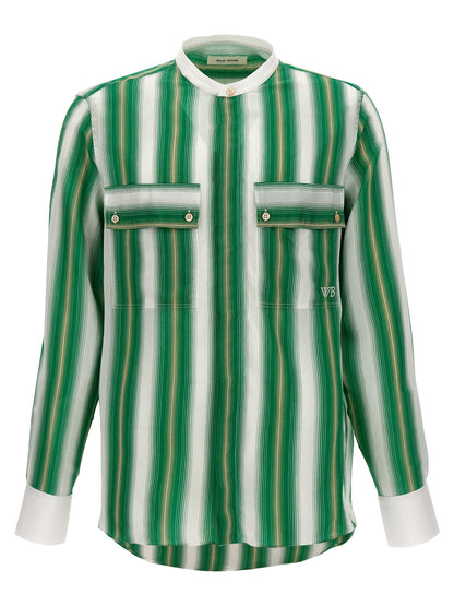 Shirt by WALES BONNER for men in silk & viscose multicolor, patterned & striped features an polished silhouette, showcasing a sophisticated mandarin neckline and detail for a truly polished finish.