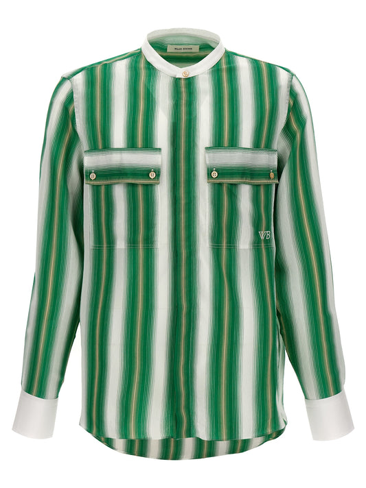 Shirt by WALES BONNER for men in silk & viscose multicolor, patterned & striped features an polished silhouette, showcasing a sophisticated mandarin neckline and detail for a truly polished finish.