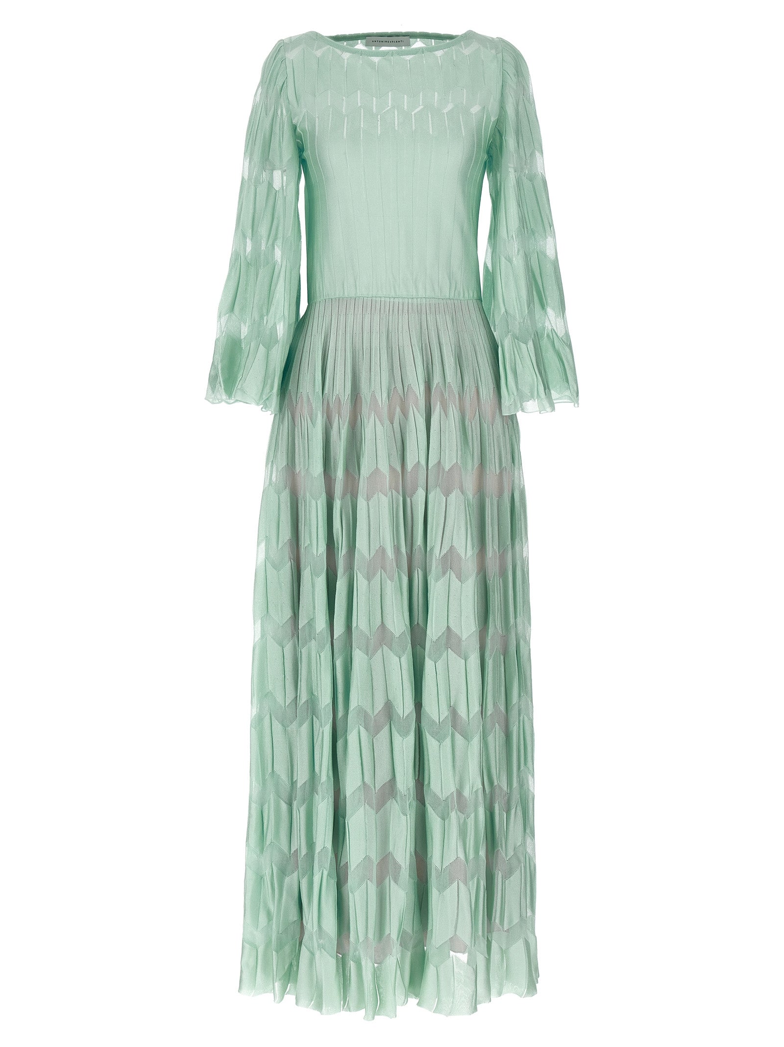 Dress by ANTONINO VALENTI for women in viscose silk & polyamide bicolour, green, patterned & jacquard presents a sinuous silhouette, showcasing a sophisticated round neckline and detailed with a sinuous long for a refined finish.