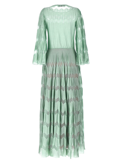 Dress by ANTONINO VALENTI for women in viscose silk & polyamide bicolour, green, patterned & jacquard features a dramatic silhouette, showcasing an elegant round neckline and that flows into a dramatic long.