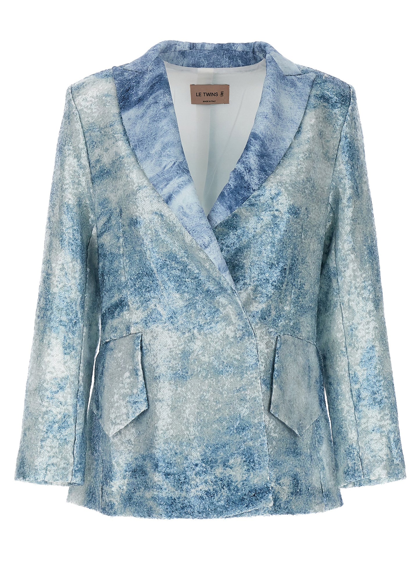 Blazer by LE TWINS for women in polyester & sequins light-blue & print showcases a discerning silhouette, elegantly detailed with a sophisticated and premium for a truly discerning finish.