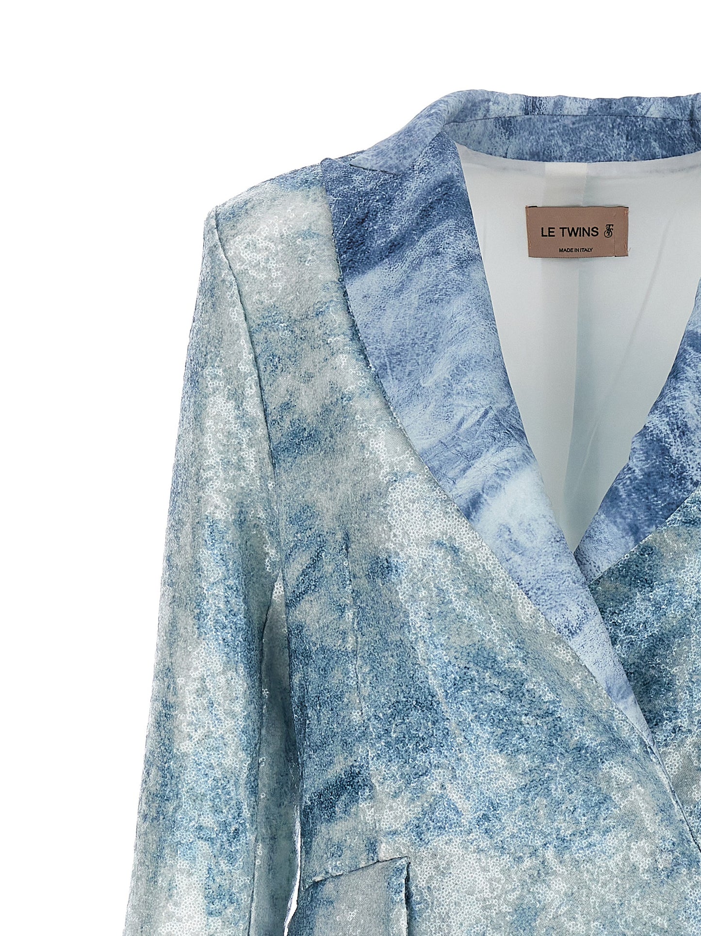 Blazer by LE TWINS for women in polyester & sequins light-blue & print features an crisp silhouette with sophisticated and a crisp for a truly crisp finish.