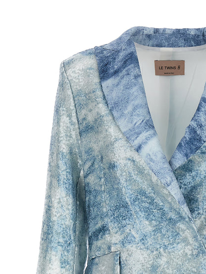 Blazer by LE TWINS for women in polyester & sequins light-blue & print features an crisp silhouette with sophisticated and a crisp for a truly crisp finish.
