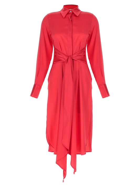 Dress by LE TWINS for women in silk fuchsia features a dramatic silhouette, showcasing an elegant and that flows into a dramatic maxi long.