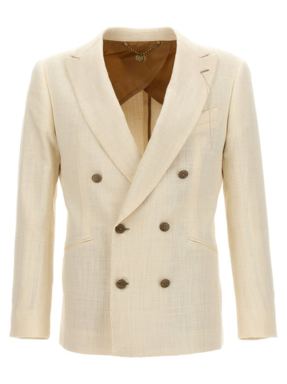 Blazer by MAURIZIO MIRI for men in nylon silk & wool white showcases a discerning silhouette, elegantly detailed with a sophisticated and premium for a truly discerning finish.