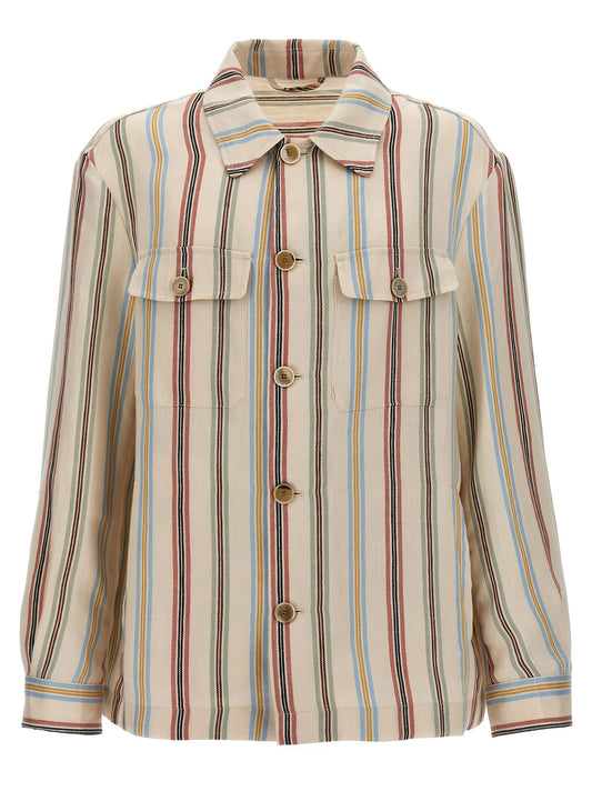Overshirt by Etro for men in linen multicolor & striped showcases a sharp silhouette, elegantly detailed with a sharp and sharp .