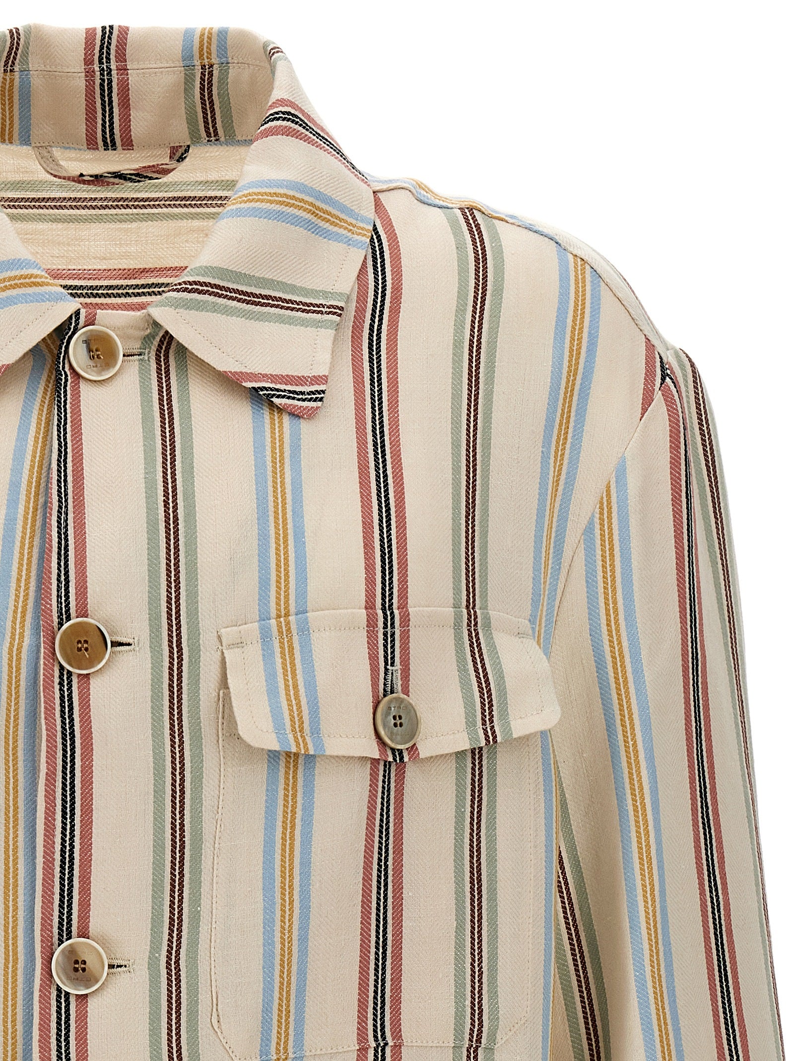 Overshirt by Etro for men in linen multicolor & striped features an architectural silhouette with a refined and elegant for a architectural look.