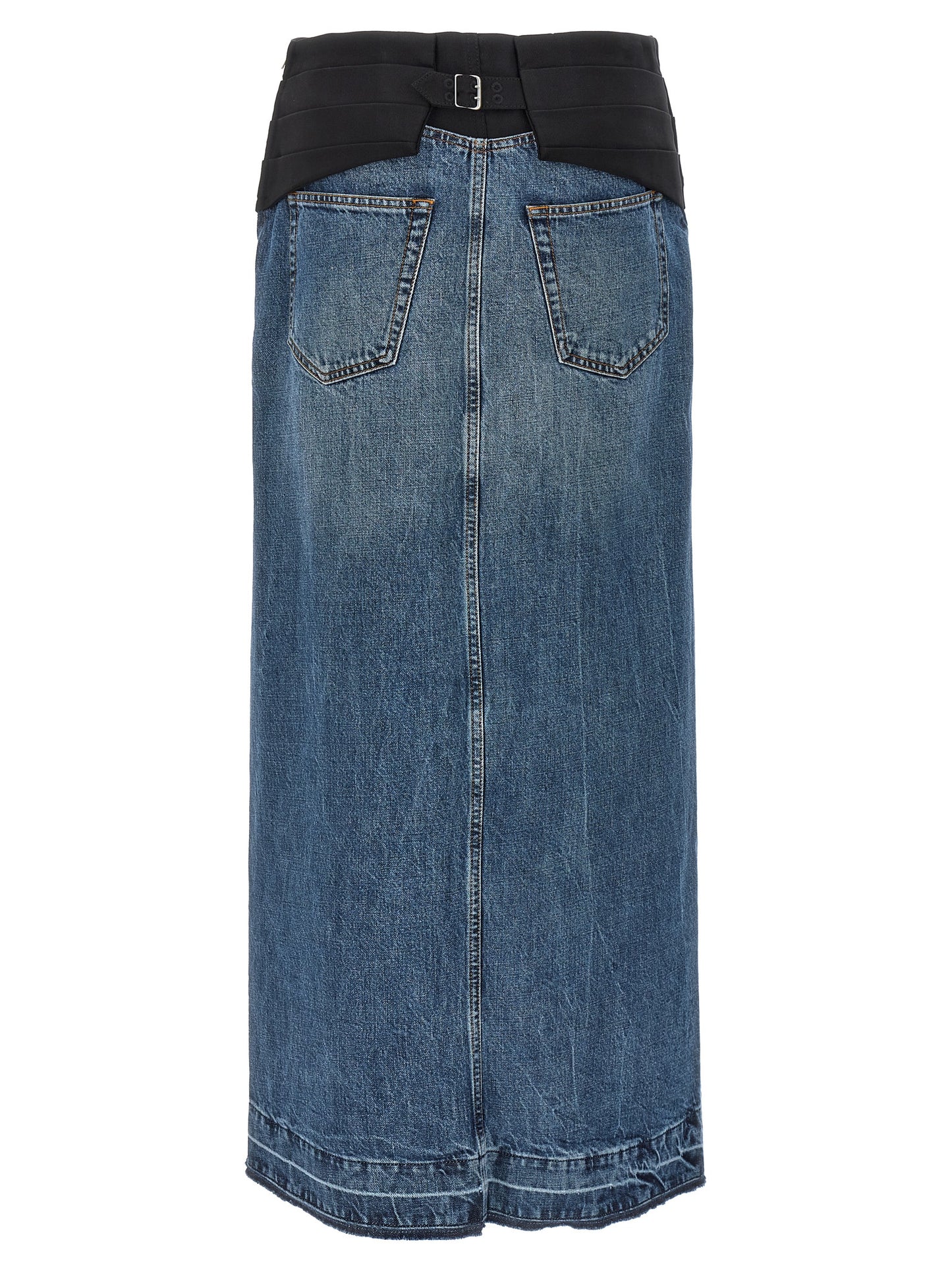 Skirt by Stella McCartney for women in denim cotton blue features a contoured silhouette from the Women's Denim Tailored Cotton Mini Skirt collection, characterized by its contoured mini for a contoured finish.