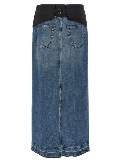 Skirt by Stella McCartney for women in denim cotton blue features a contoured silhouette from the Women's Denim Tailored Cotton Mini Skirt collection, characterized by its contoured mini for a contoured finish.