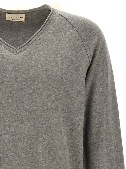 Cardigan by MA'RY'YA for men in modacrylic & cotton gray presents a textural silhouette, artfully finished with a textural v-neck neckline and for a sophisticated, textural look.