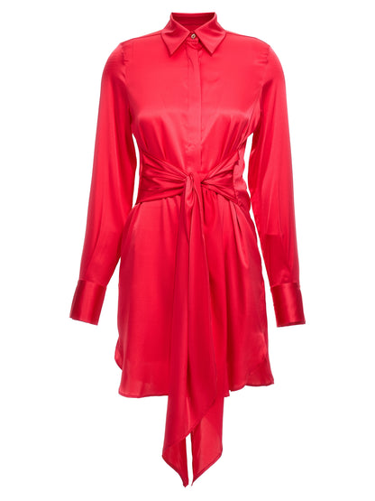 Dress by LE TWINS for women in silk fuchsia & patterned features a dramatic silhouette, showcasing an elegant and that flows into a dramatic short.